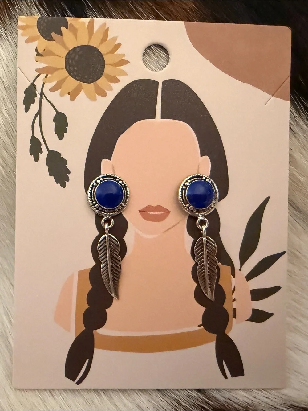 ❤️Blue Lapis Lazuli Navajo Style Stamped Sterling Silver Dangle Feather Earrings